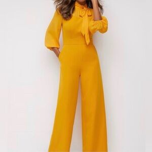 Mustard yellow tie neck wide leg jumpsuit
